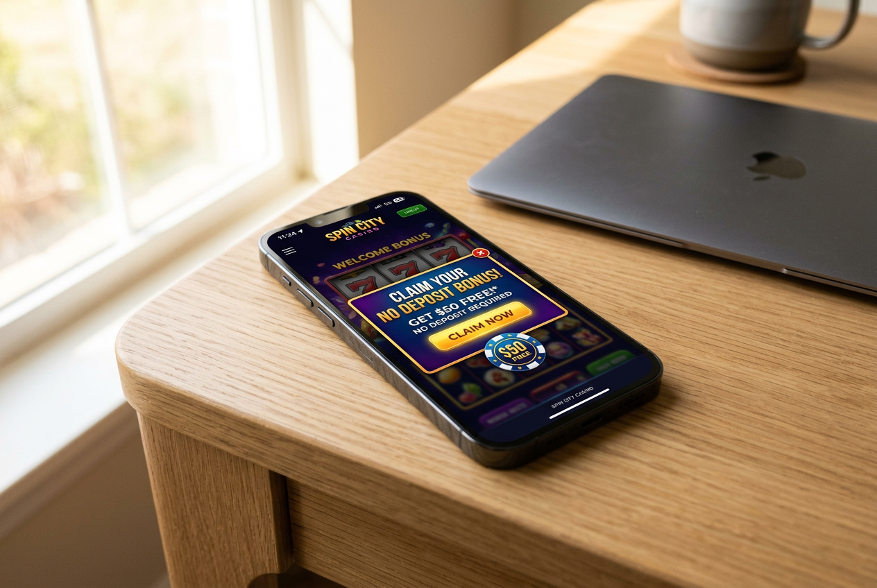 A modern smartphone showing a 'No Deposit Bonus' notification on a casino app screen.