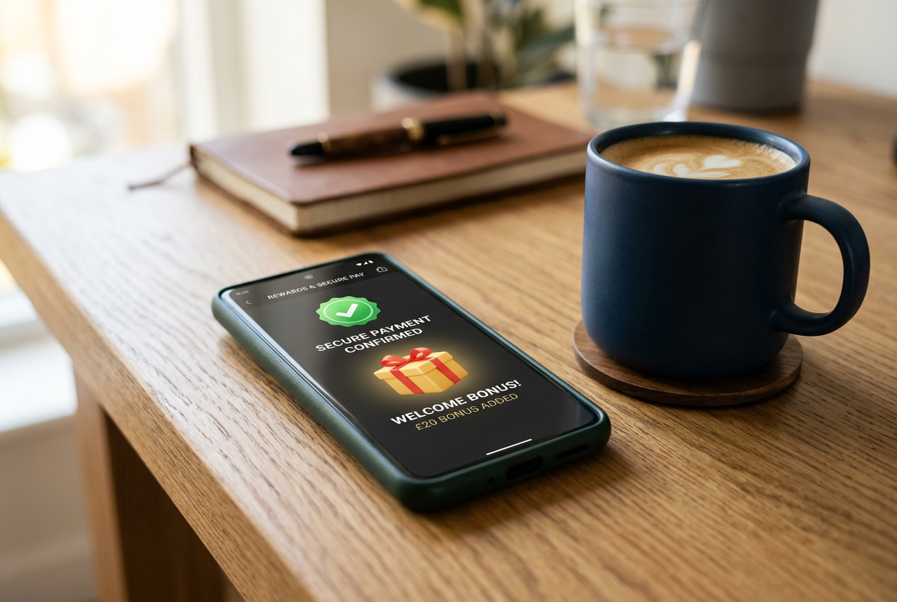 Close up of a smartphone displaying a secure payment confirmation and a gift icon.