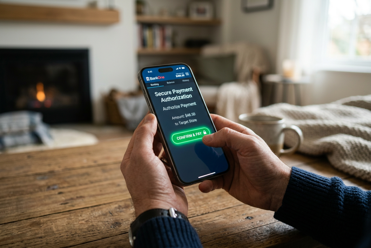 Osoba autoryzująca płatność BLIK na smartfonie w bezpiecznym otoczeniu.