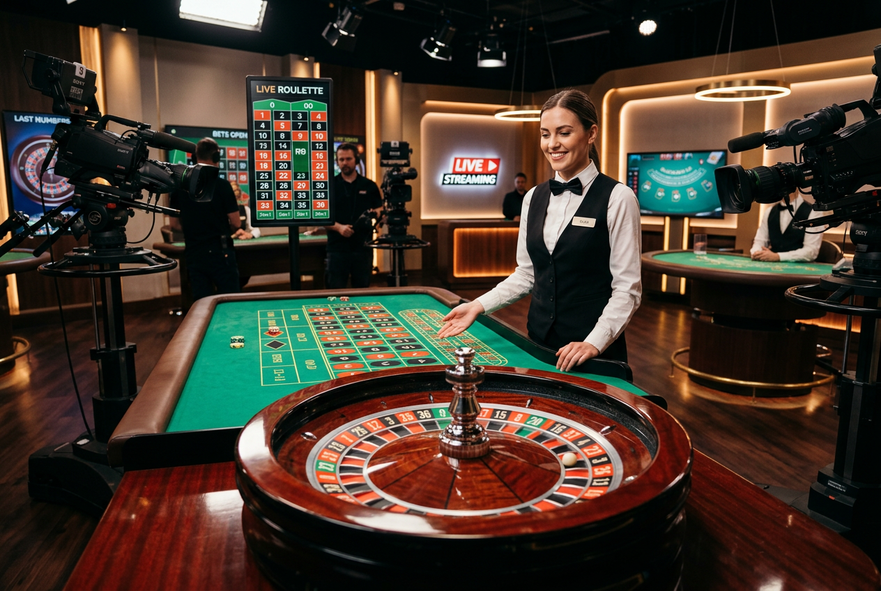 A high-end live roulette table with a professional dealer in a studio setting.